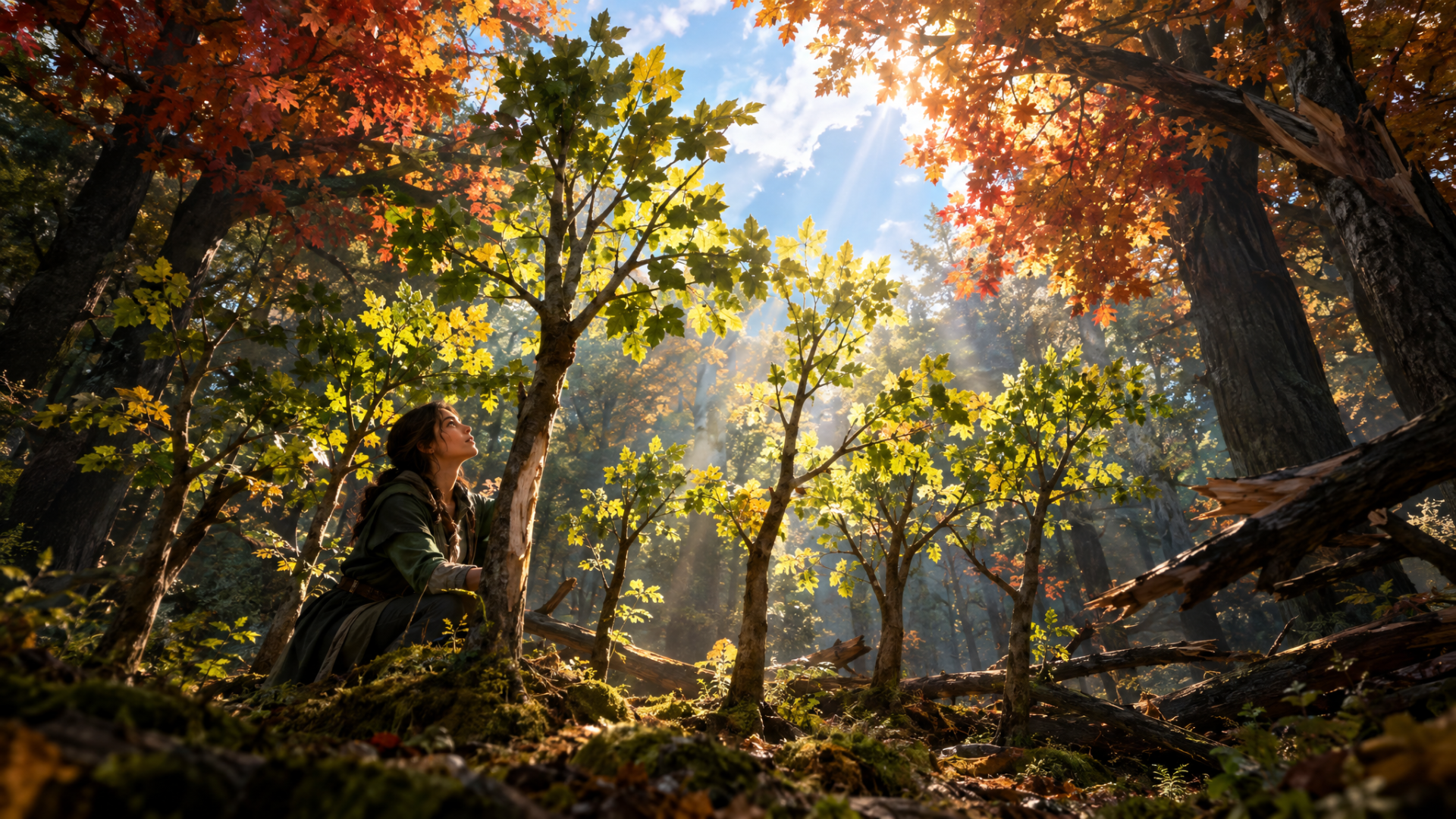 A woman kneels among young trees in a sunlit autumn forest, beside moss and fallen broken branches. Golden rays stream through an opening in the canopy onto the saplings.
