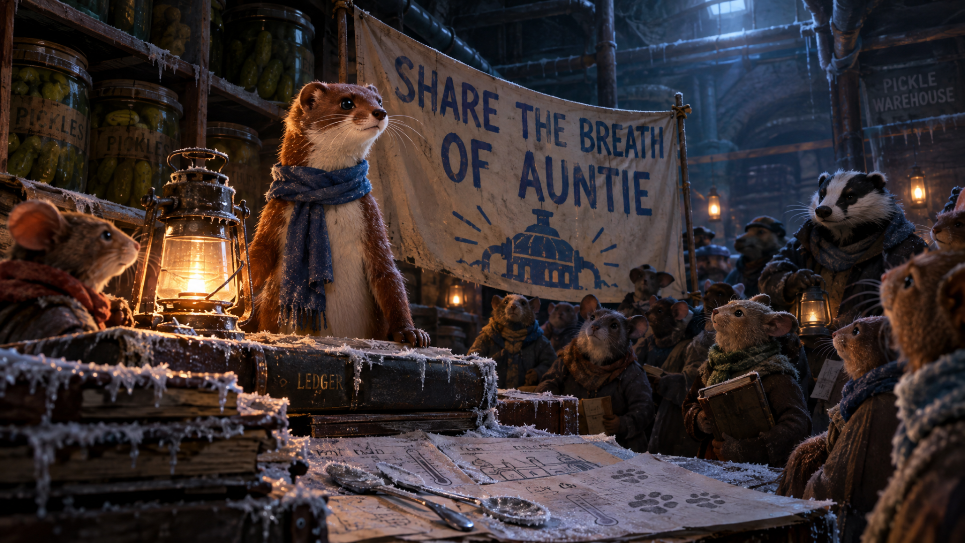 A brown stoat wearing a blue scarf stands beside a frosted lantern and protest banner in a dim pickle warehouse, surrounded by bundled mice and badgers. Frost covers ledgers, crates, shelves, and parts of the animals.
