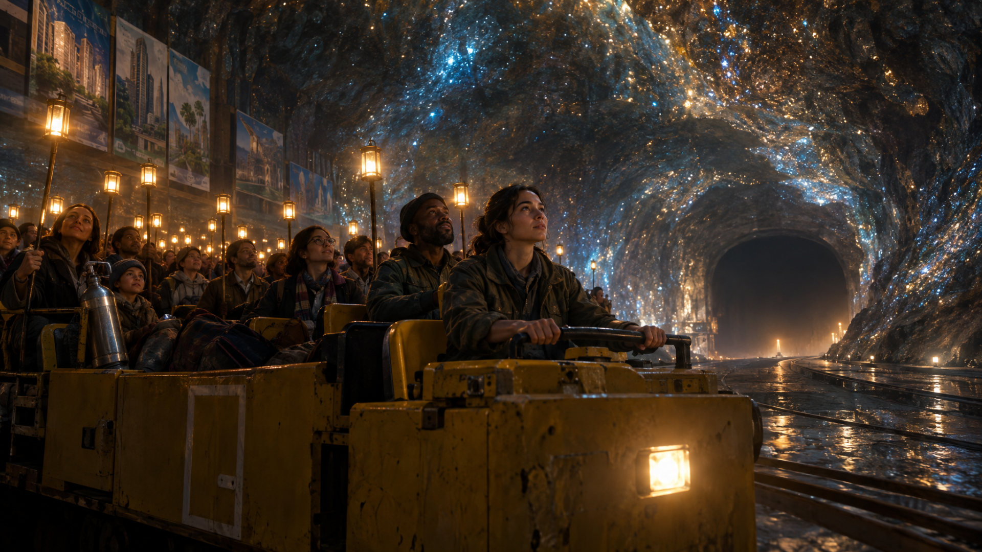 A yellow maintenance vehicle carrying passengers travels on rails through a vast glittering underground cavern. Many people hold tall glowing lanterns, while city posters line the cavern wall.