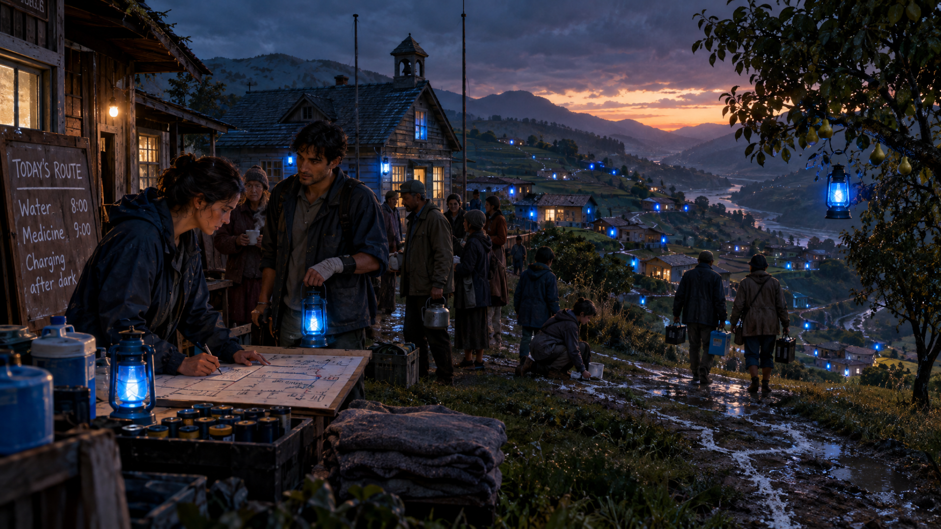 Rainy hillside village at dusk with blue lanterns glowing on houses, along paths, and in a pear tree. Residents gather and walk with supplies while batteries and a hand-drawn route map sit in the foreground.