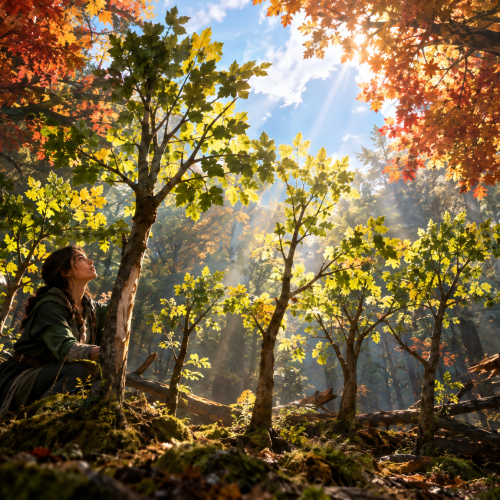 A woman kneels among young trees in a sunlit autumn forest, beside moss and fallen broken branches. Golden rays stream through an opening in the canopy onto the saplings.
