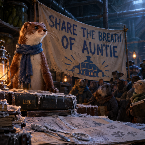 A brown stoat wearing a blue scarf stands beside a frosted lantern and protest banner in a dim pickle warehouse, surrounded by bundled mice and badgers. Frost covers ledgers, crates, shelves, and parts of the animals.