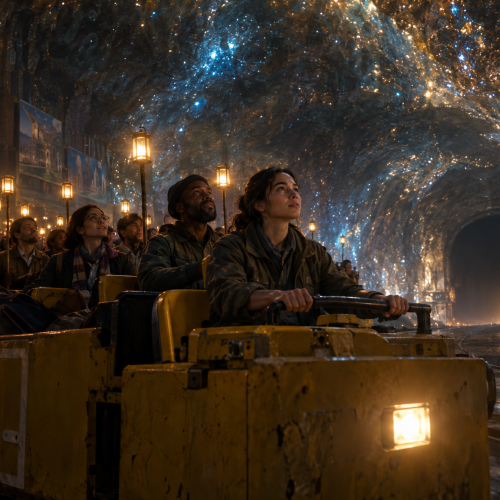 A yellow maintenance vehicle carrying passengers travels on rails through a vast glittering underground cavern. Many people hold tall glowing lanterns, while city posters line the cavern wall.