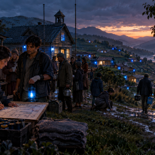 Rainy hillside village at dusk with blue lanterns glowing on houses, along paths, and in a pear tree. Residents gather and walk with supplies while batteries and a hand-drawn route map sit in the foreground.
